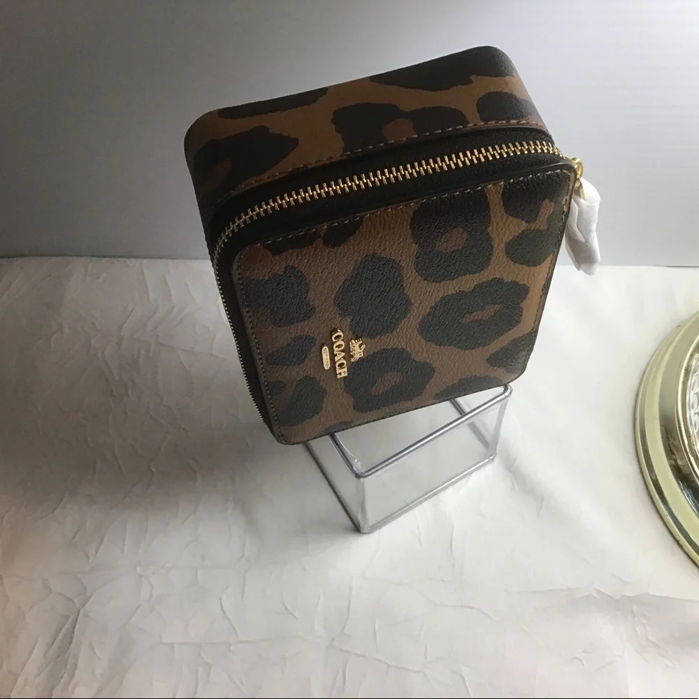 Coach Leopard Print Travel Jewelry Case in Brown and Black with Mirror